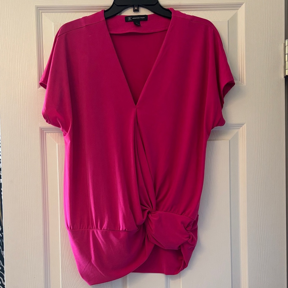 INC International Concepts Bright Fuchsia Twist-Front V-Neck Blouse